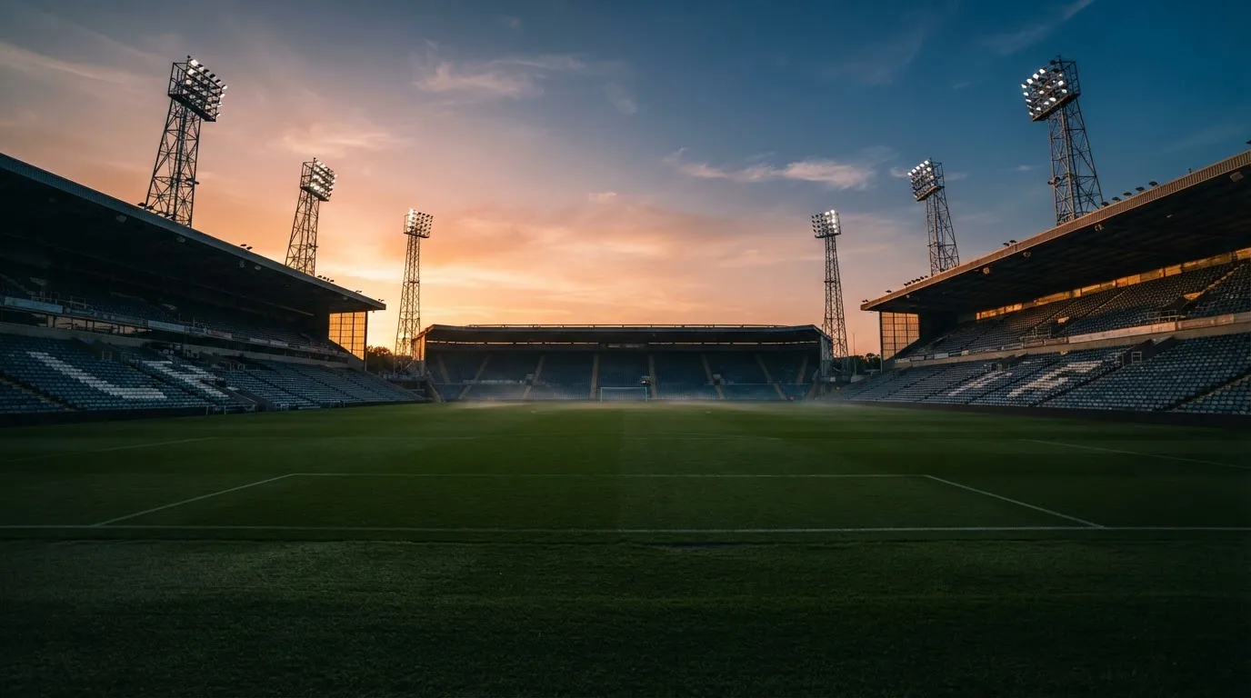 Un estadio de fútbol vacío con torres de iluminación al atardecer