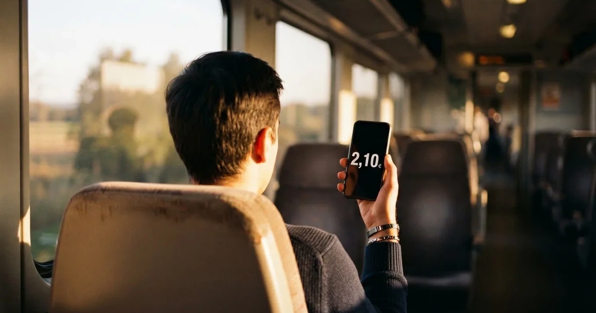 Una mano sostiene un móvil en el tren por la tarde, con la pantalla girada