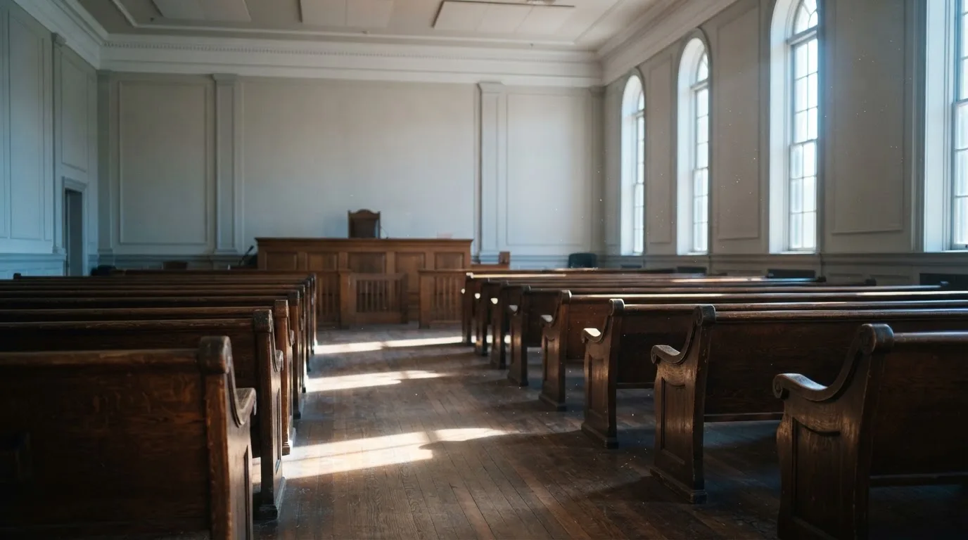 Una sala de tribunal vacía con bancos de madera a la luz de la mañana