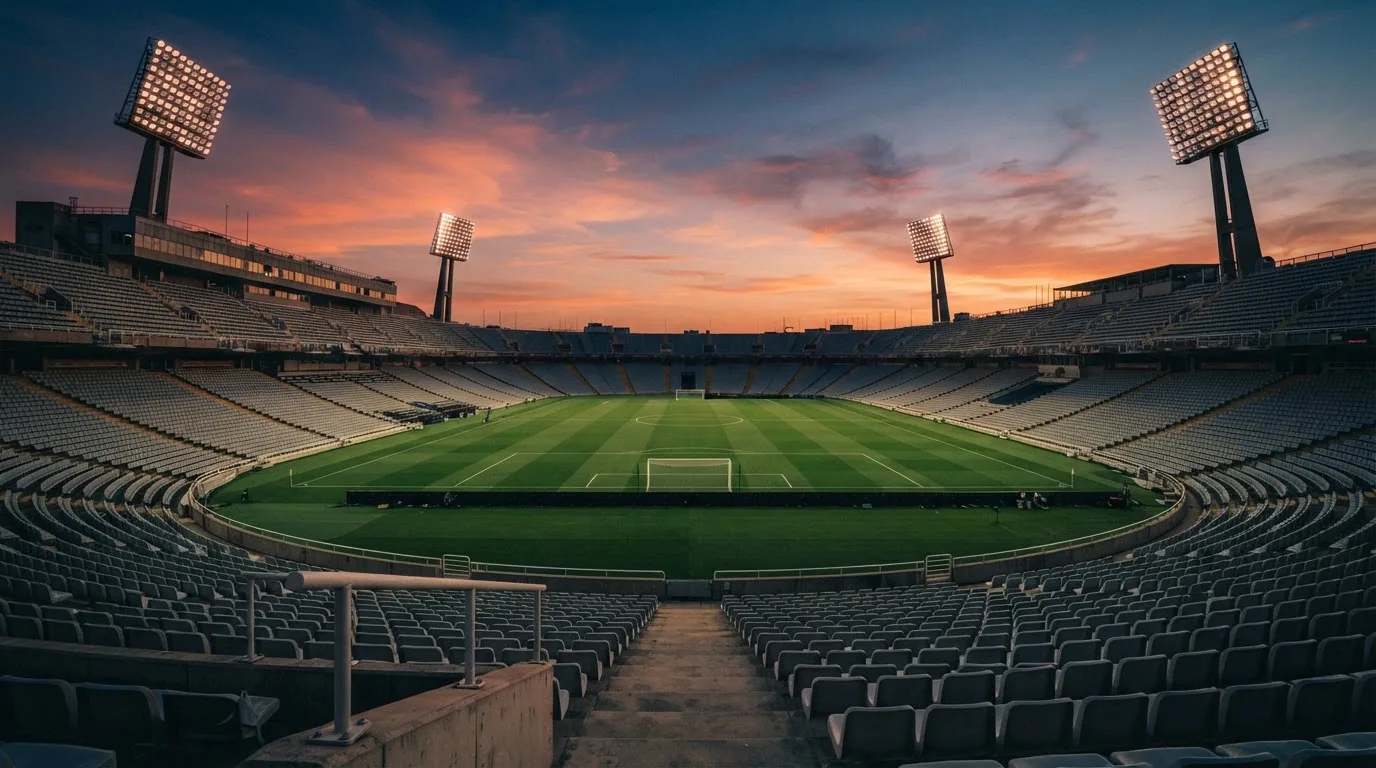 Un estadio de fútbol vacío con torres de iluminación al atardecer