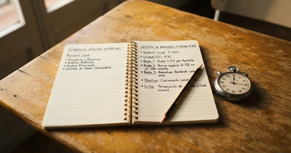 Un cuaderno abierto con un lápiz y un cronómetro sobre una mesa de madera