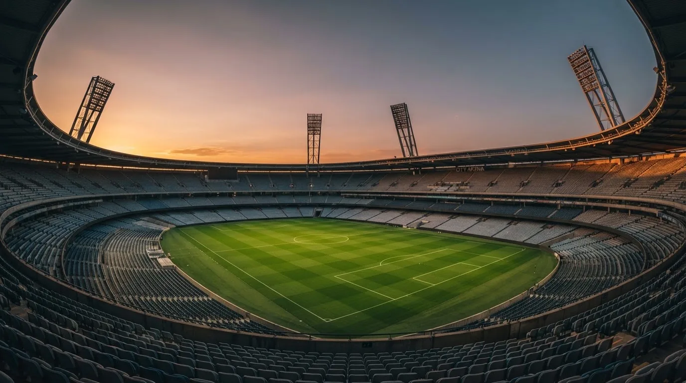 Un estadio de fútbol vacío con torres de iluminación al atardecer