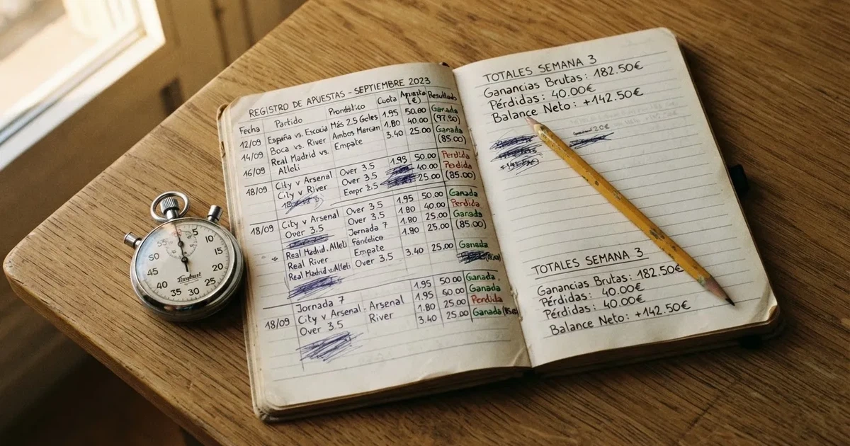 Un cuaderno abierto con un lápiz y un cronómetro sobre una mesa de madera