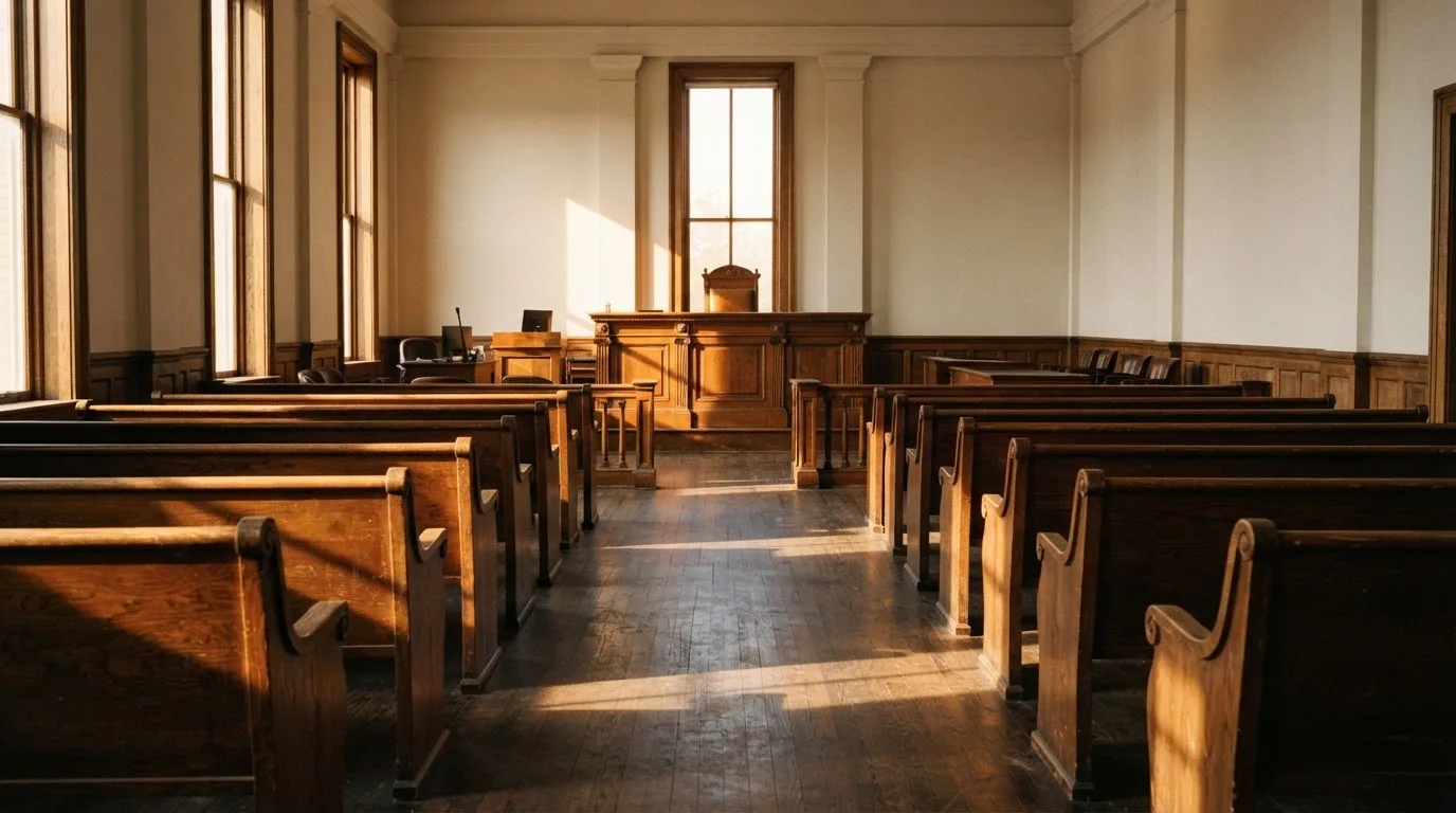 Una sala de tribunal vacía con bancos de madera a la luz de la mañana
