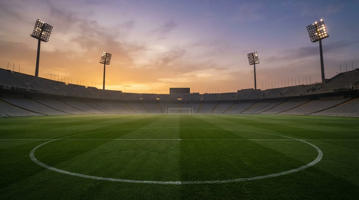Un estadio de fútbol vacío con torres de iluminación al atardecer