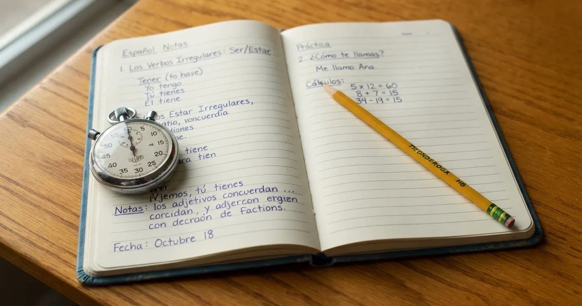 Un cuaderno abierto con un lápiz y un cronómetro sobre una mesa de madera