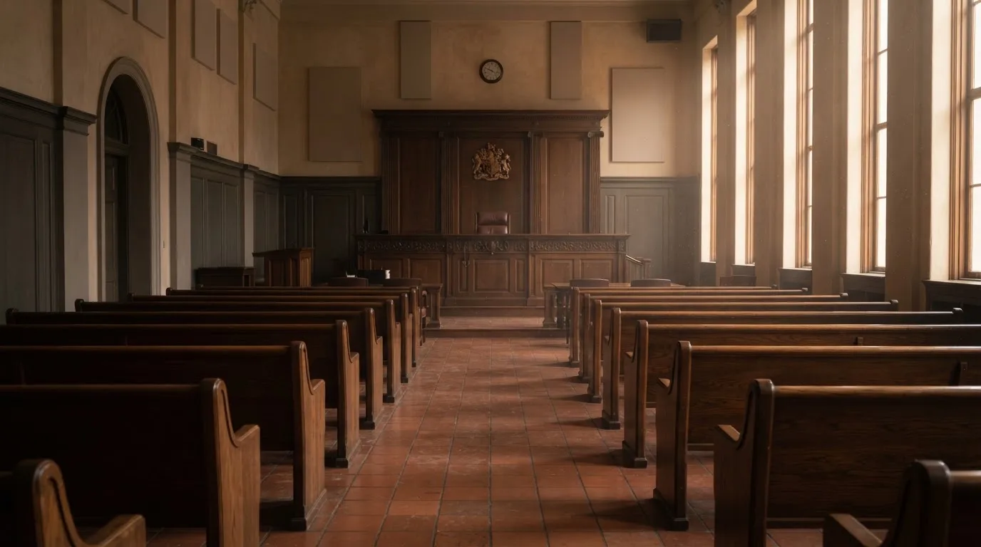 Una sala de tribunal vacía con bancos de madera a la luz de la mañana