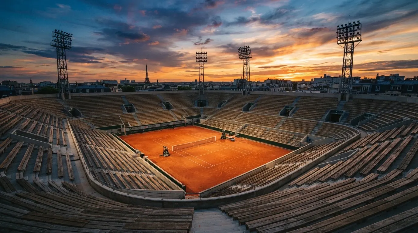 Un estadio de fútbol vacío con torres de iluminación al atardecer