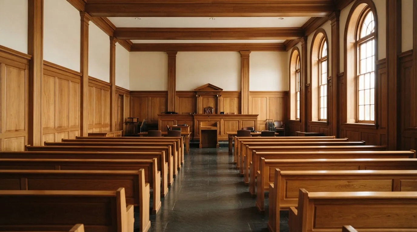 Una sala de tribunal vacía con bancos de madera a la luz de la mañana