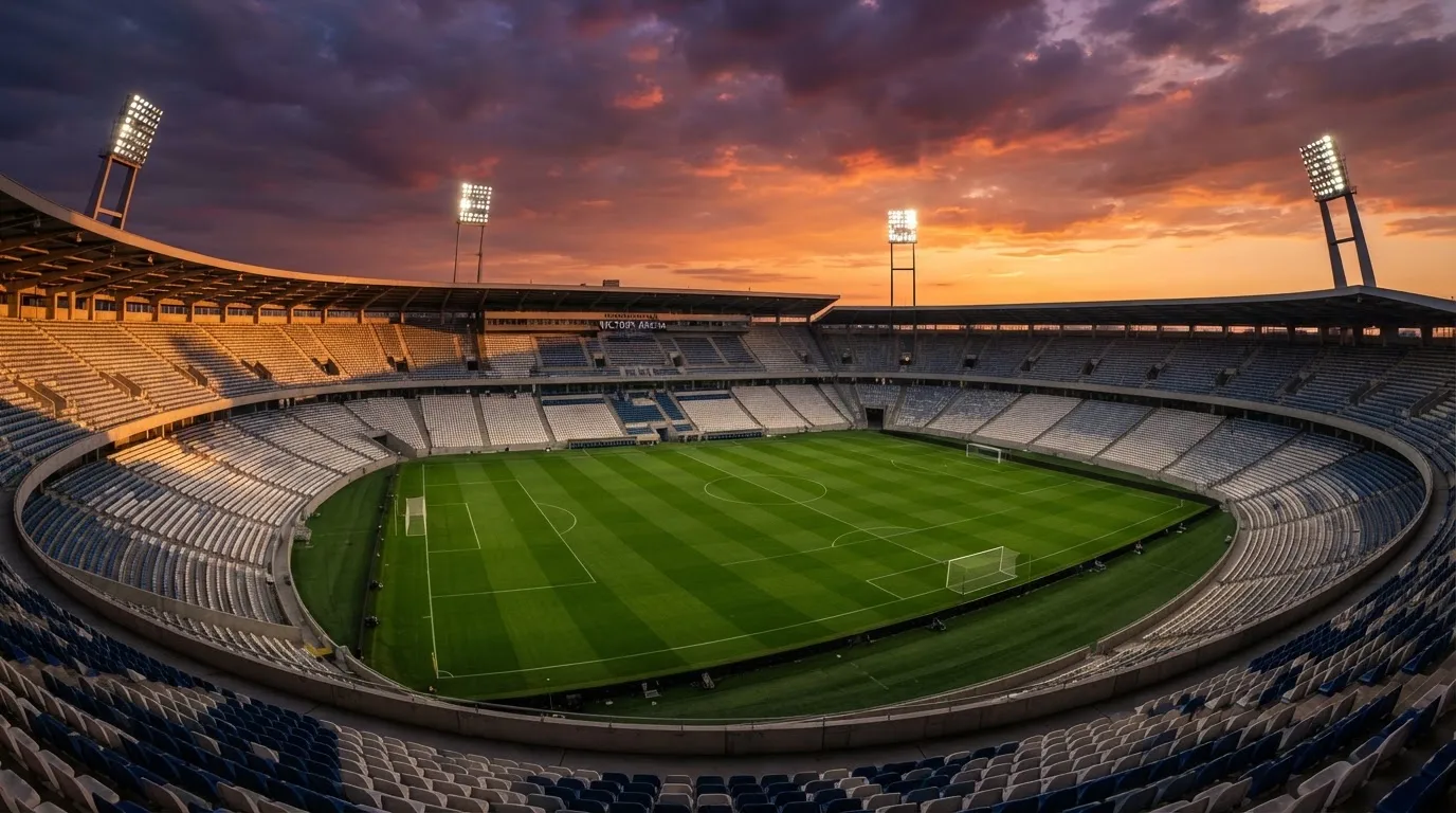 Un estadio de fútbol vacío con torres de iluminación al atardecer