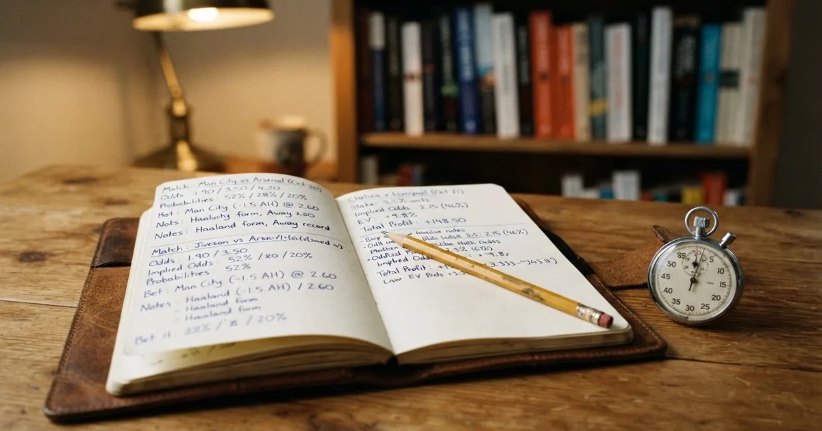 Un cuaderno abierto con un lápiz y un cronómetro sobre una mesa de madera