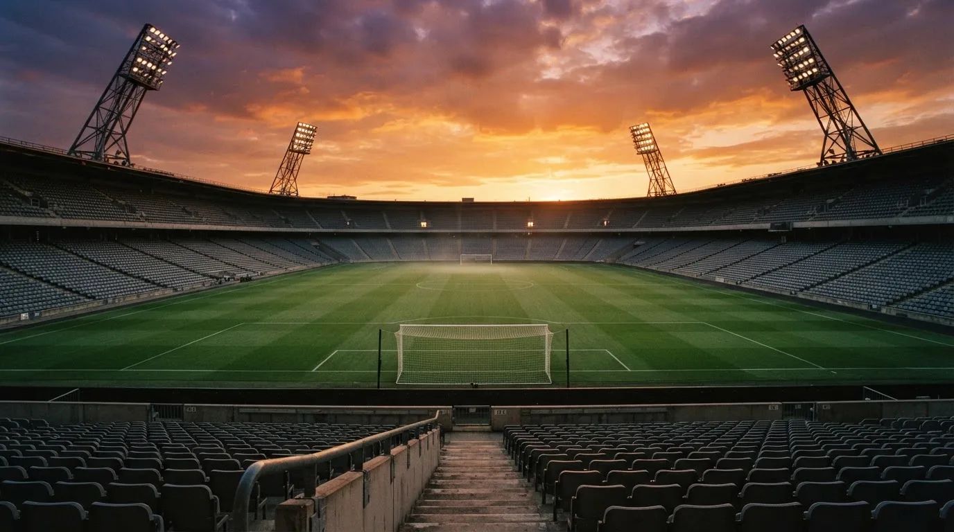 Un estadio de fútbol vacío con torres de iluminación al atardecer