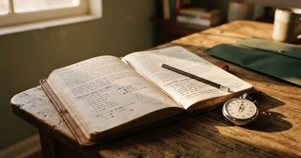 Un cuaderno abierto con un lápiz y un cronómetro sobre una mesa de madera