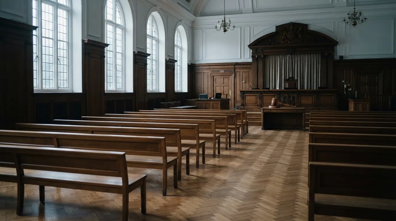 Una sala de tribunal vacía con bancos de madera a la luz de la mañana