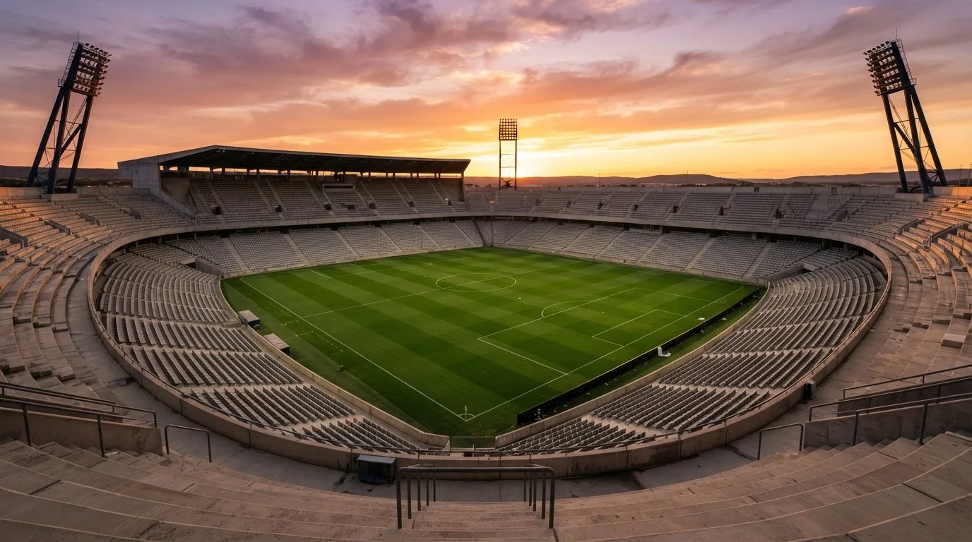 Un estadio de fútbol vacío con torres de iluminación al atardecer