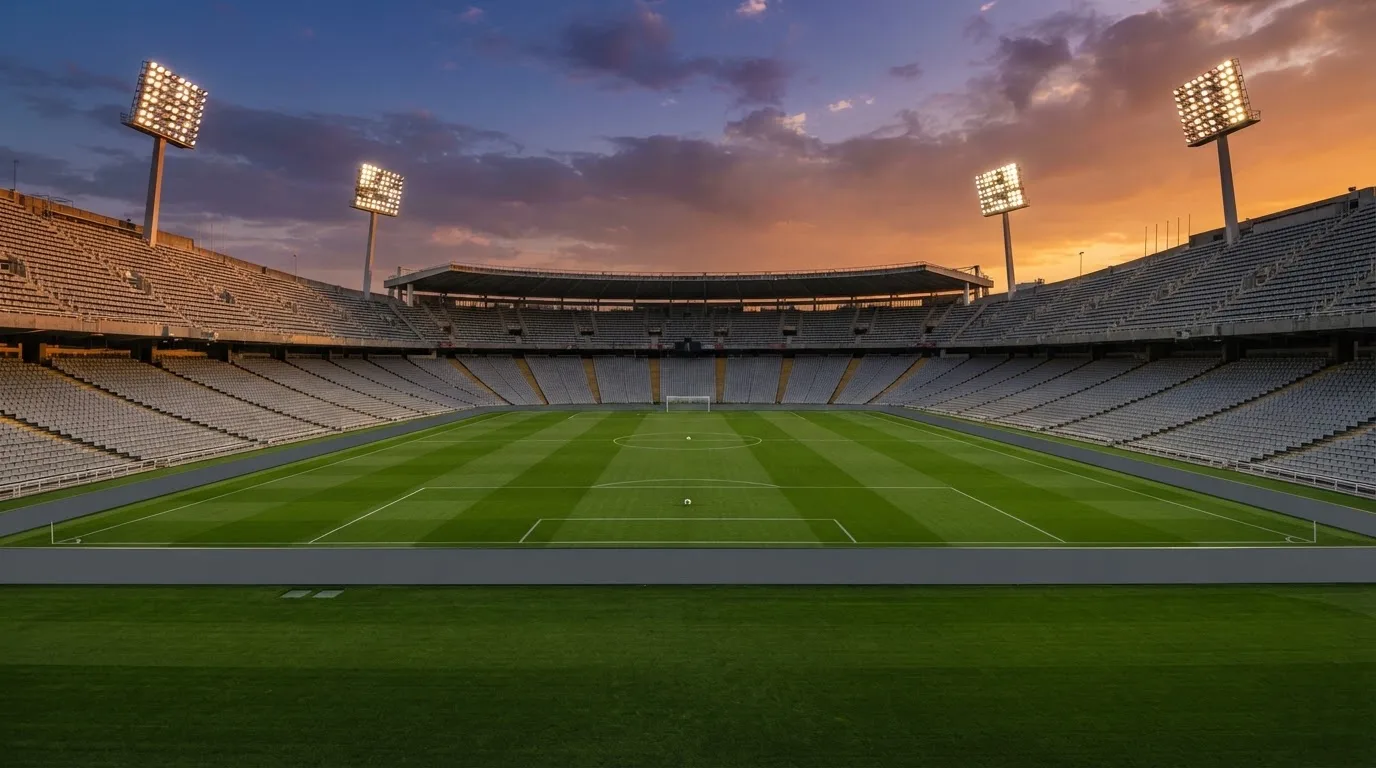 Un estadio de fútbol vacío con torres de iluminación al atardecer