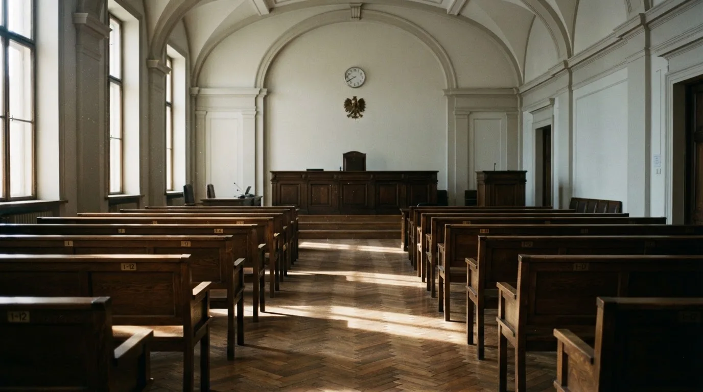 Una sala de tribunal vacía con bancos de madera a la luz de la mañana