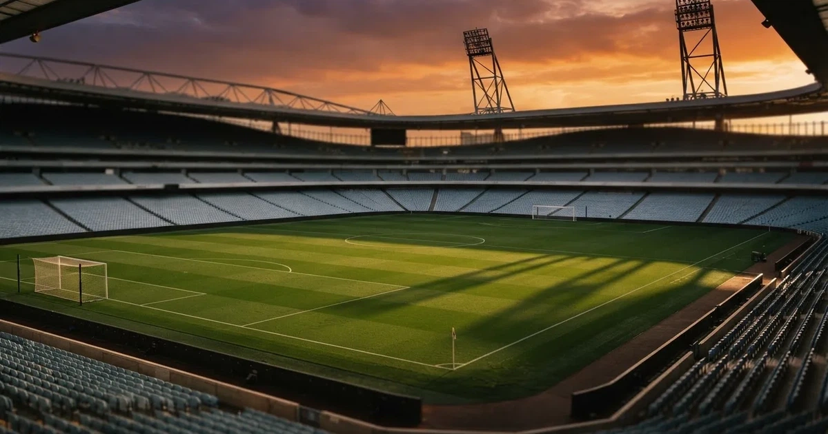 Un estadio de fútbol vacío con torres de iluminación al atardecer