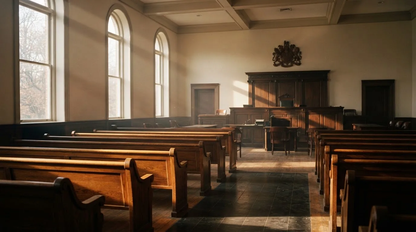 Una sala de tribunal vacía con bancos de madera a la luz de la mañana
