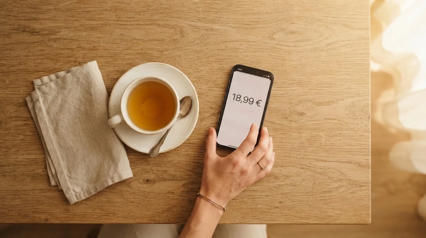 Una mano deja un móvil junto a una taza de té sobre la mesa de la cocina, una tarde tranquila