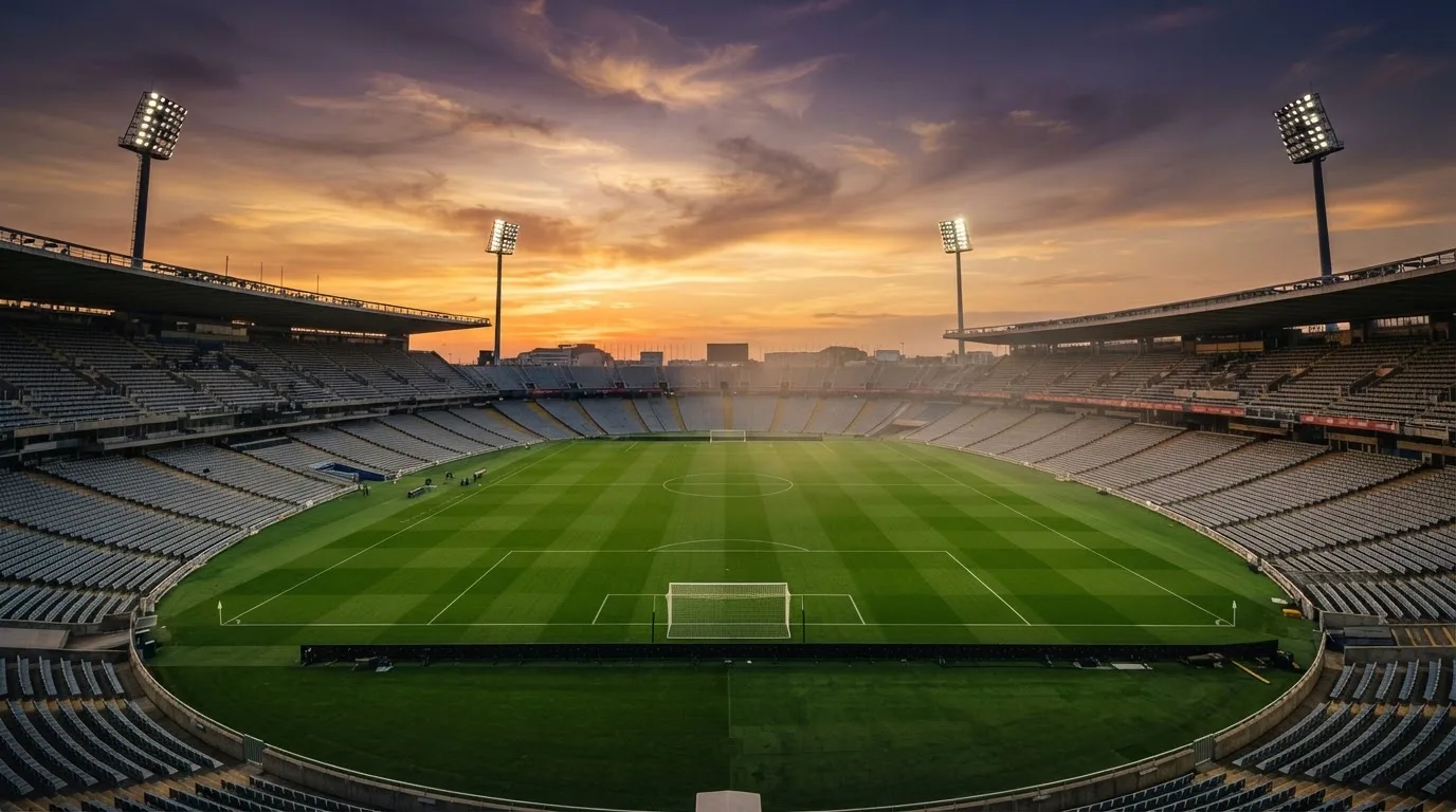 Un estadio de fútbol vacío con torres de iluminación al atardecer