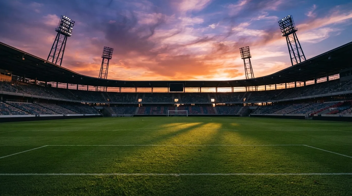 Un estadio de fútbol vacío con torres de iluminación al atardecer
