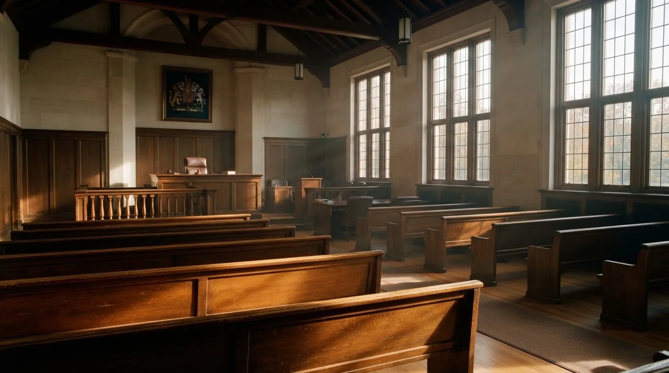 Una sala de tribunal vacía con bancos de madera a la luz de la mañana
