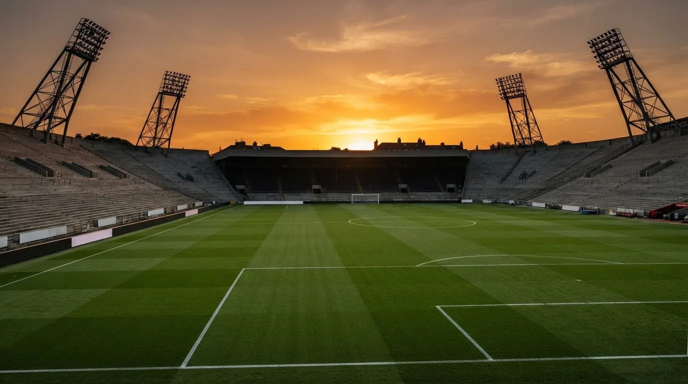 Un estadio de fútbol vacío con torres de iluminación al atardecer