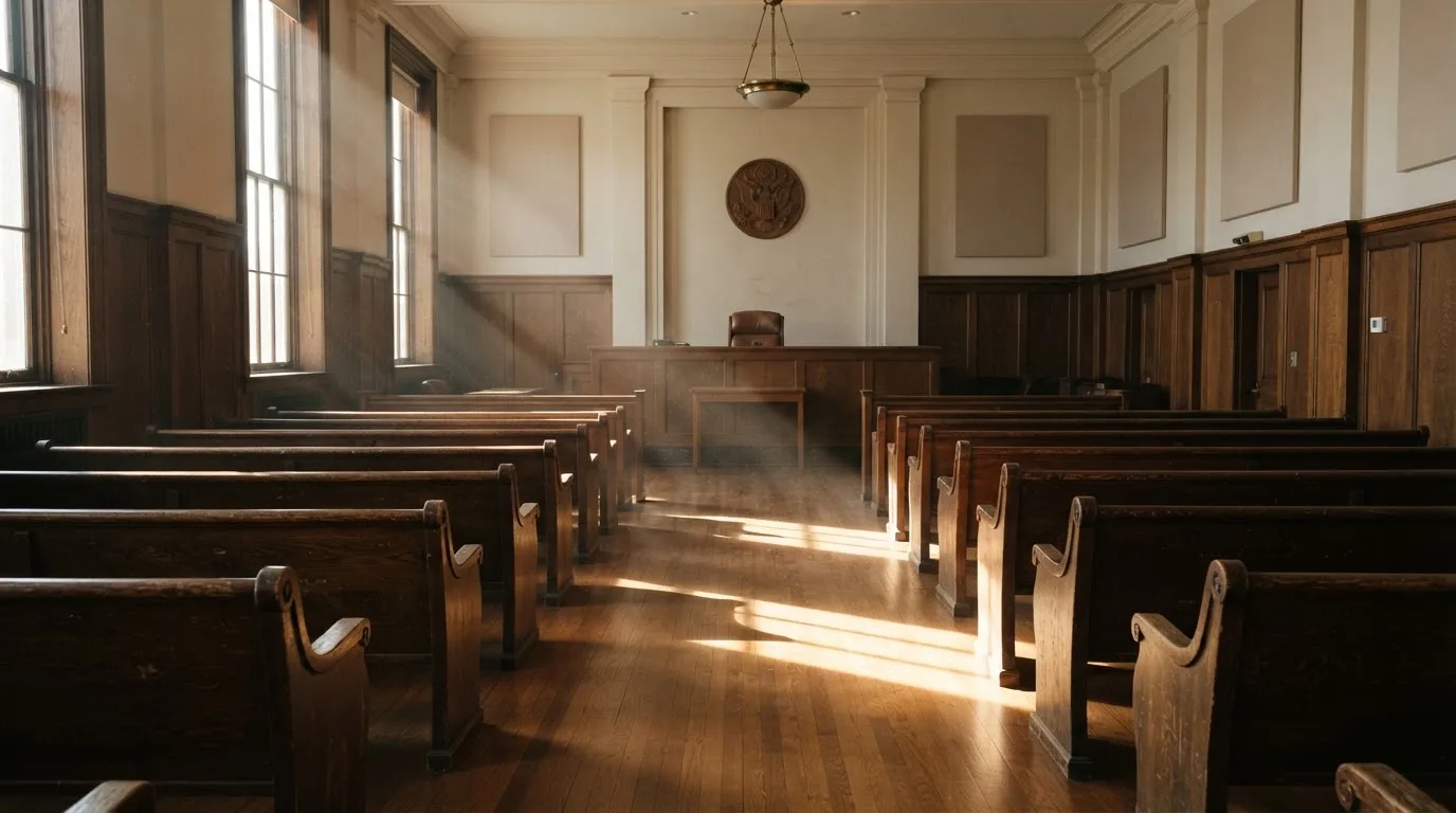 Una sala de tribunal vacía con bancos de madera a la luz de la mañana