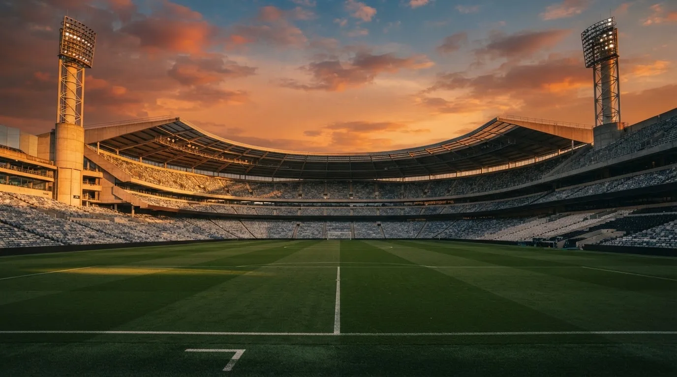 Un estadio de fútbol vacío con torres de iluminación al atardecer
