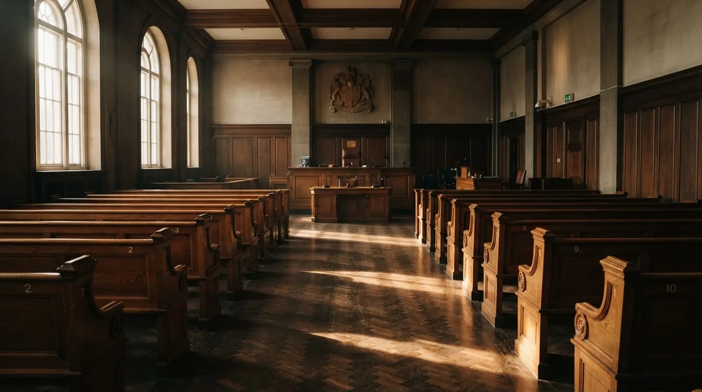 Una sala de tribunal vacía con bancos de madera a la luz de la mañana