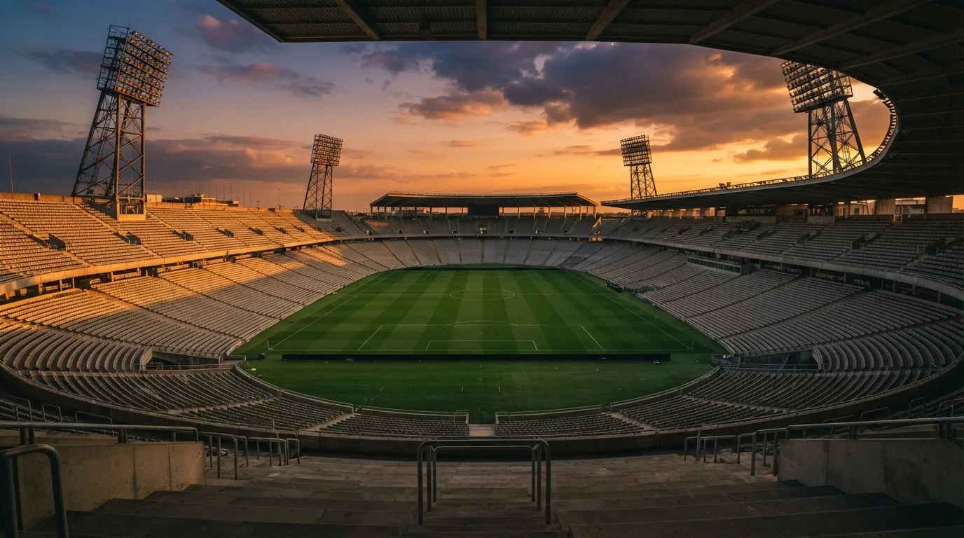 Un estadio de fútbol vacío con torres de iluminación al atardecer