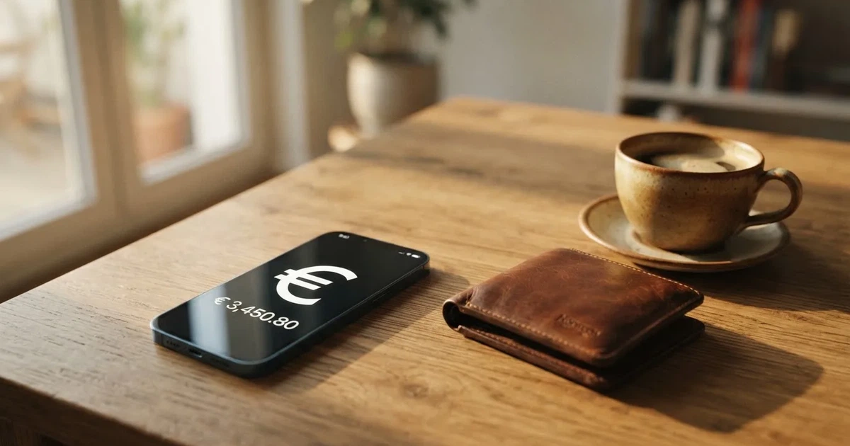Un móvil sobre una mesa de madera junto a una cartera y una taza de café