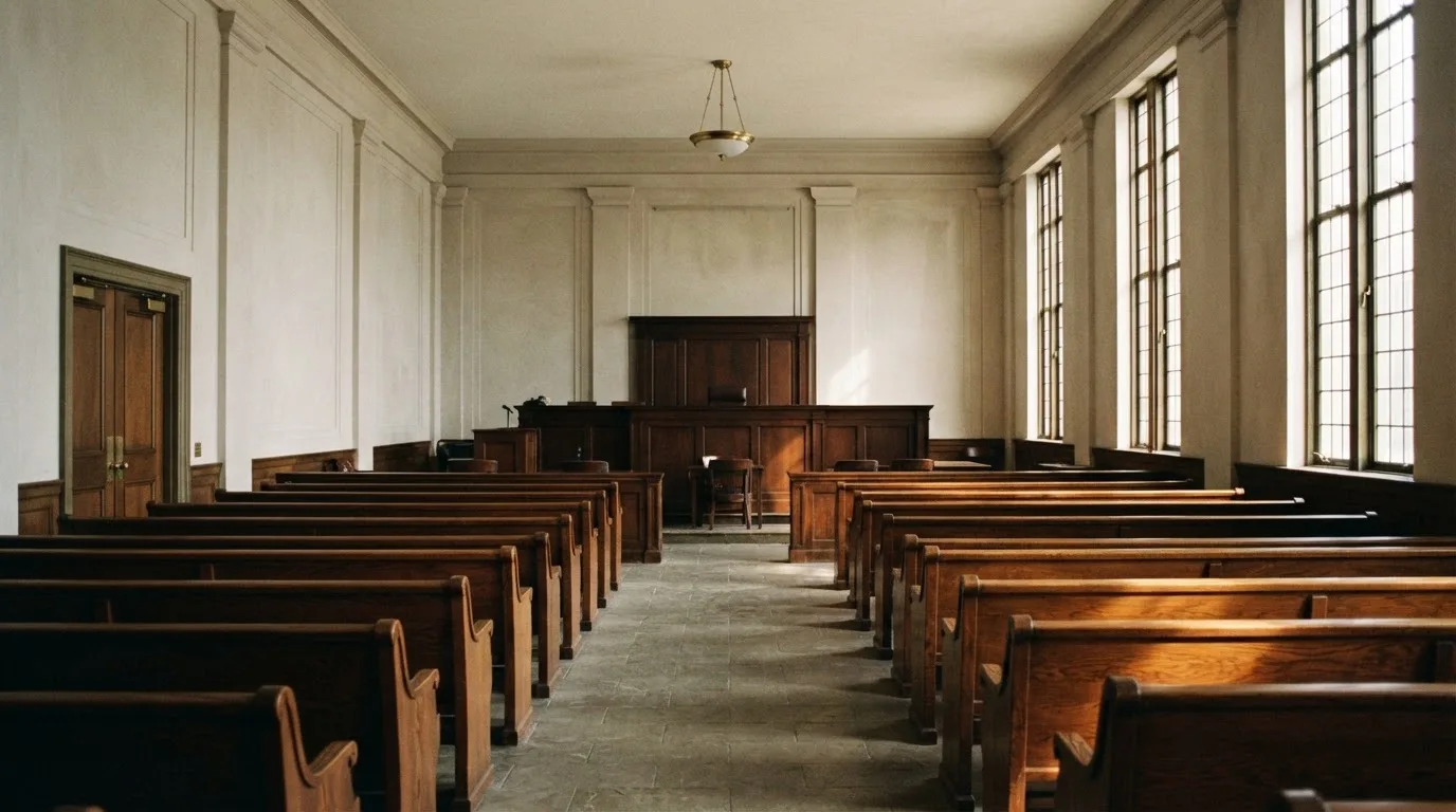 Una sala de tribunal vacía con bancos de madera a la luz de la mañana