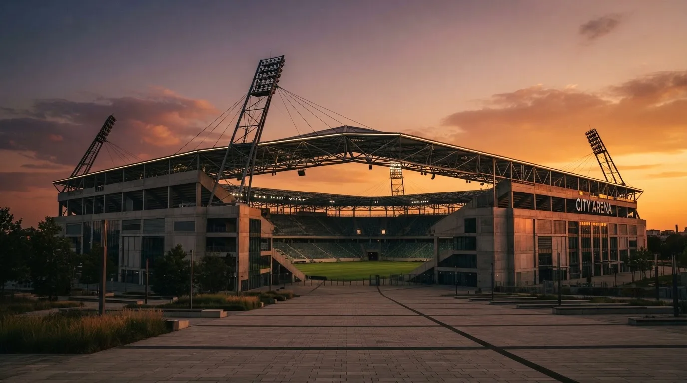 Un estadio de fútbol vacío con torres de iluminación al atardecer