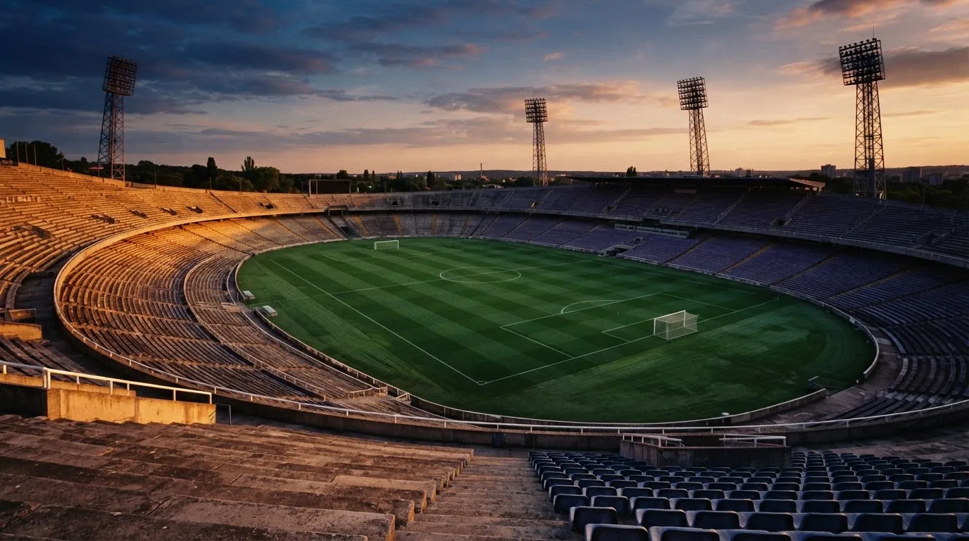 Un estadio de fútbol vacío con torres de iluminación al atardecer