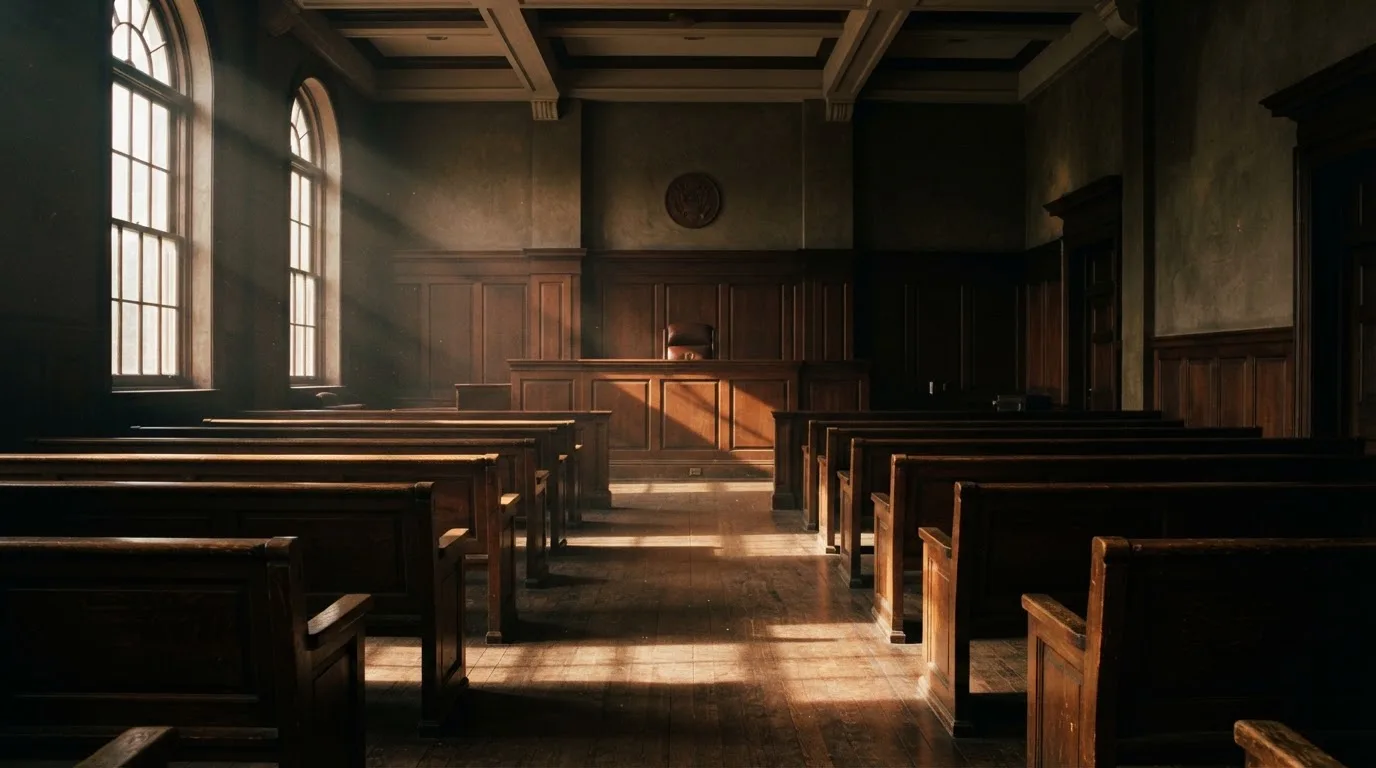 Una sala de tribunal vacía con bancos de madera a la luz de la mañana