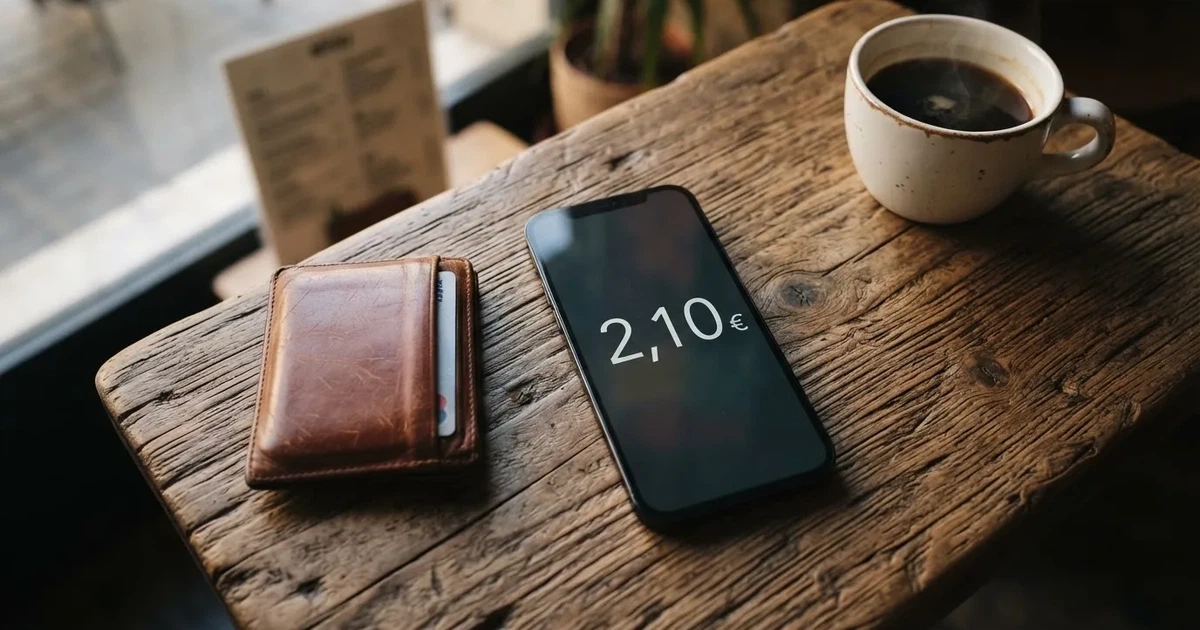 Un móvil sobre una mesa de madera junto a una cartera y una taza de café