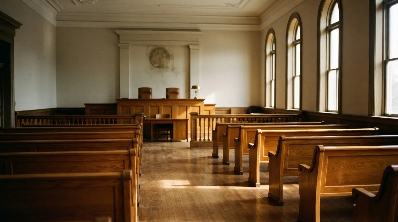 Una sala de tribunal vacía con bancos de madera a la luz de la mañana