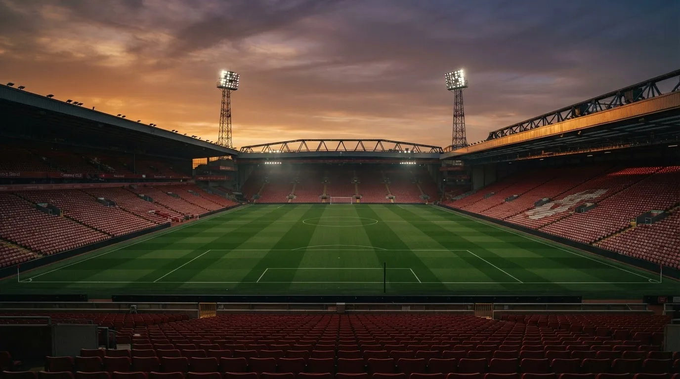 Un estadio de fútbol vacío con torres de iluminación al atardecer