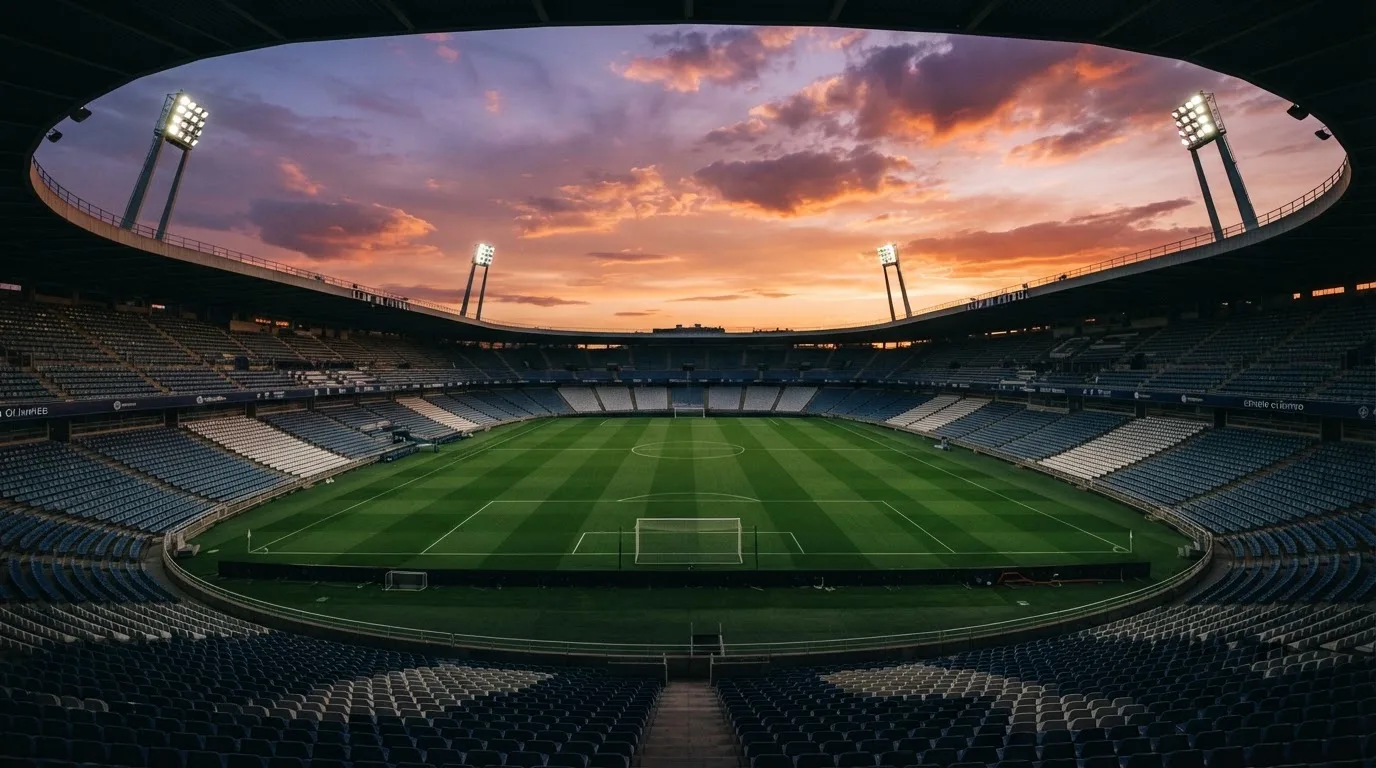 Un estadio de fútbol vacío con torres de iluminación al atardecer