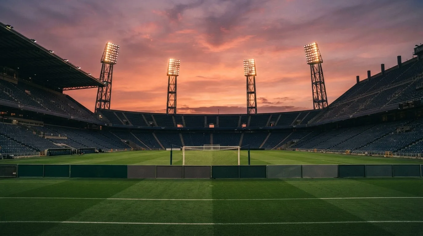 Un estadio de fútbol vacío con torres de iluminación al atardecer