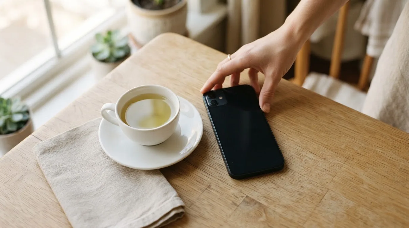 Una mano deja un móvil junto a una taza de té sobre la mesa de la cocina, una tarde tranquila