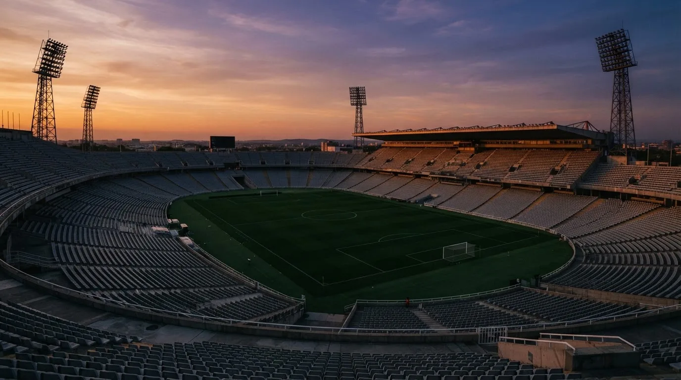 Un estadio de fútbol vacío con torres de iluminación al atardecer