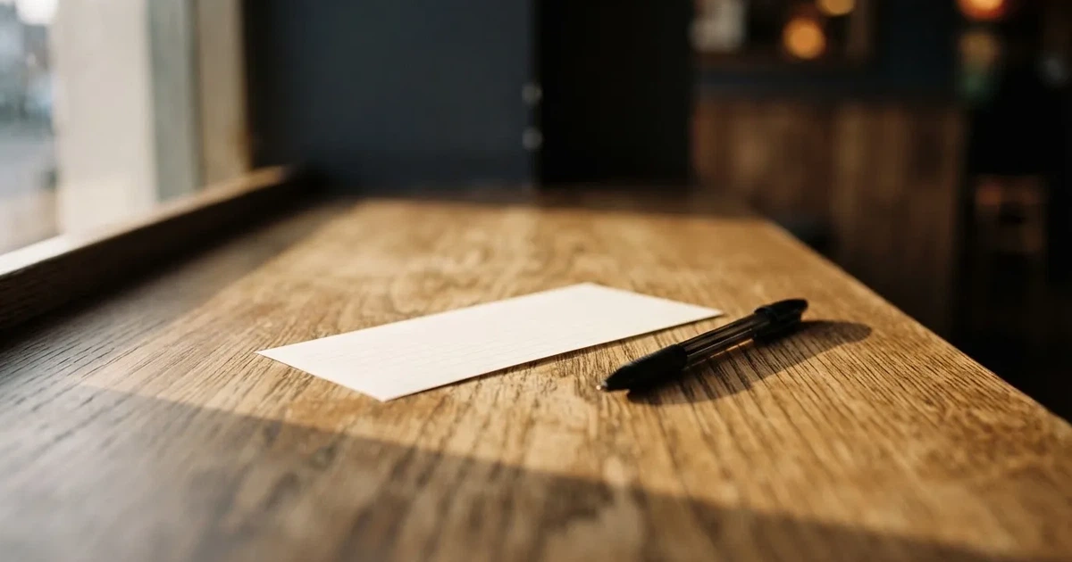 Un boleto de papel en blanco junto a un bolígrafo sobre un mostrador de madera