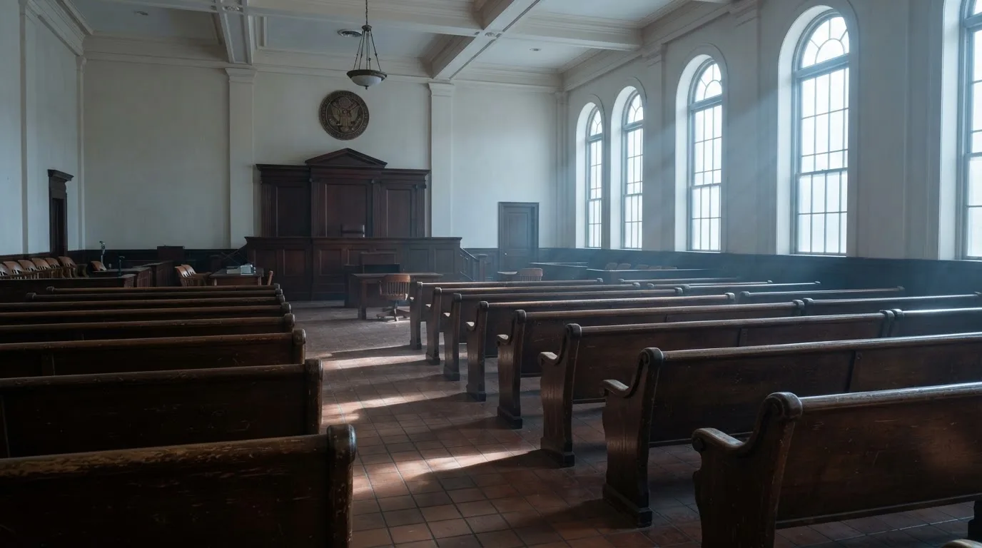 Una sala de tribunal vacía con bancos de madera a la luz de la mañana