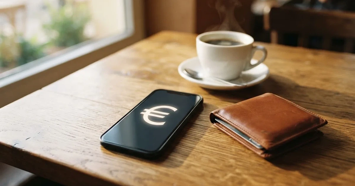 Un móvil sobre una mesa de madera junto a una cartera y una taza de café