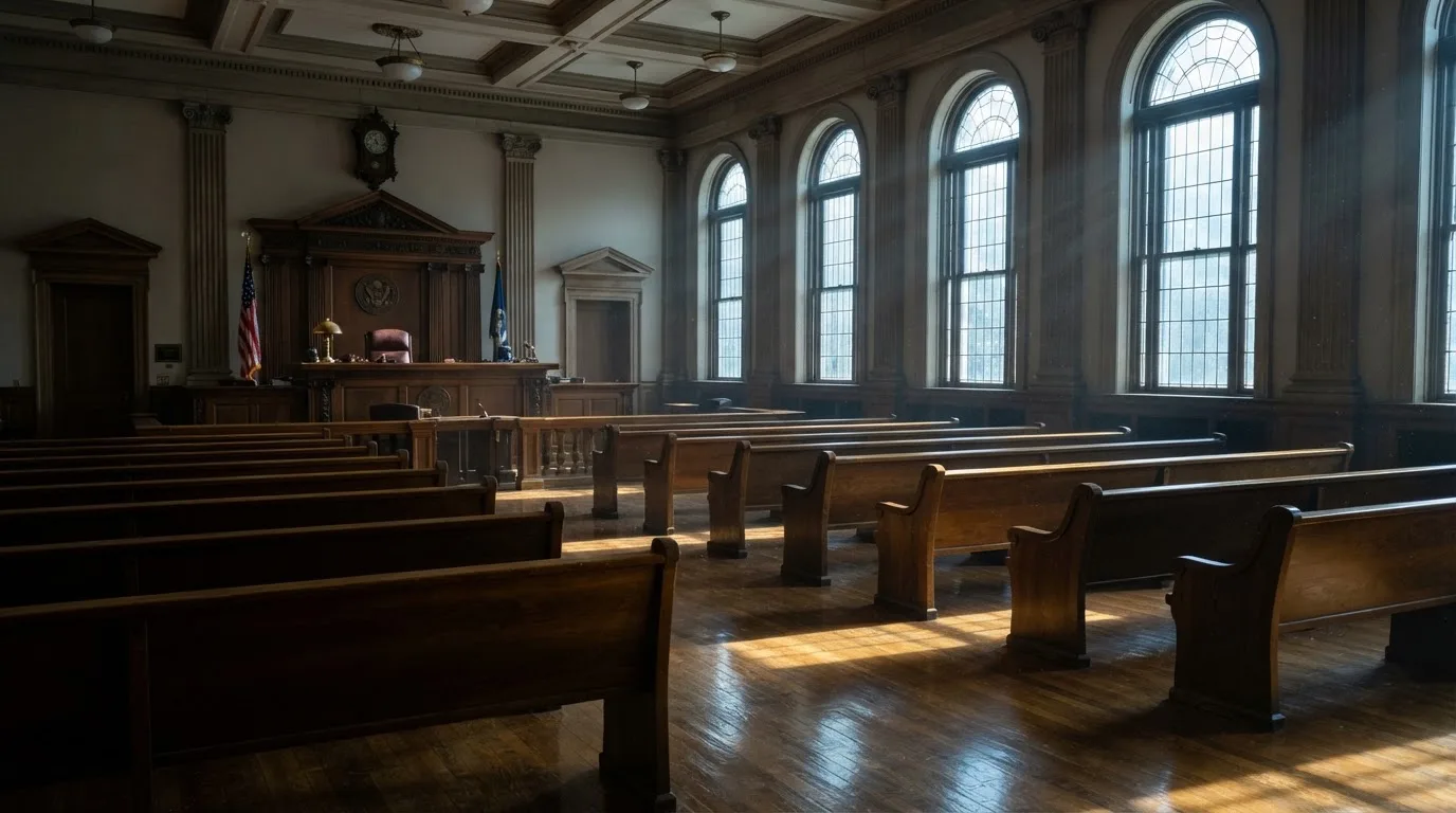 Una sala de tribunal vacía con bancos de madera a la luz de la mañana