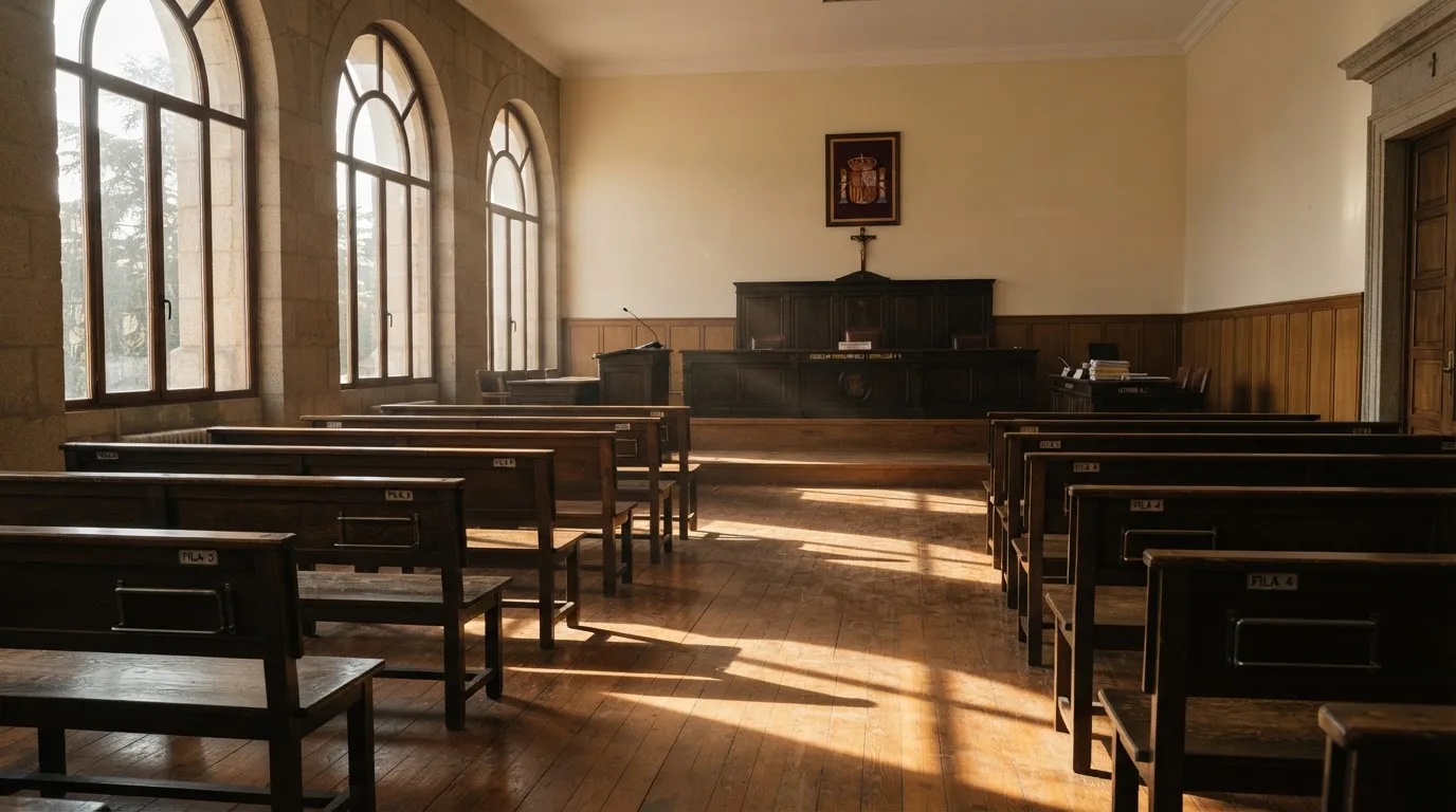 Una sala de tribunal vacía con bancos de madera a la luz de la mañana