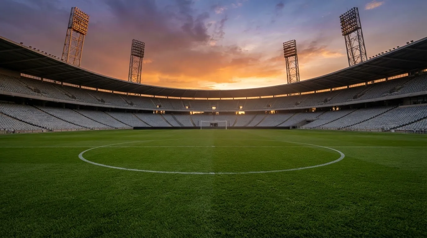 Un estadio de fútbol vacío con torres de iluminación al atardecer